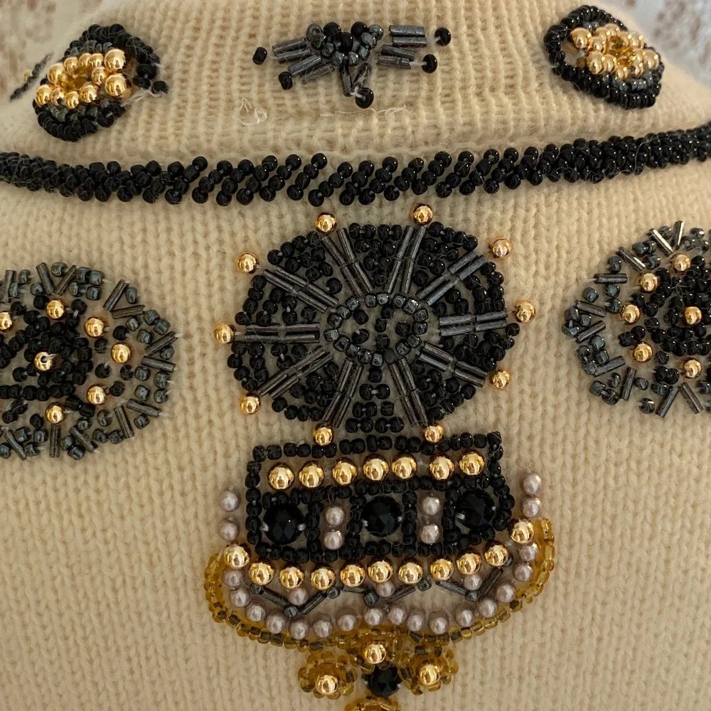 Vintage Premode Wool Beaded Cardigan Jacket (M) I Pearl & Gold Bead Embellished - Picture 7 of 11